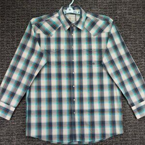 Roper Shirt Mens XLT Beige Blue Plaid Western Pearl Snap Long Sleeve Cowboy